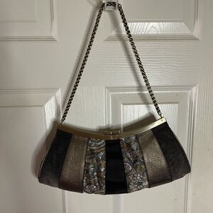 Talbots vintage black,copper & gray clutch with  a rustic gold tone chain